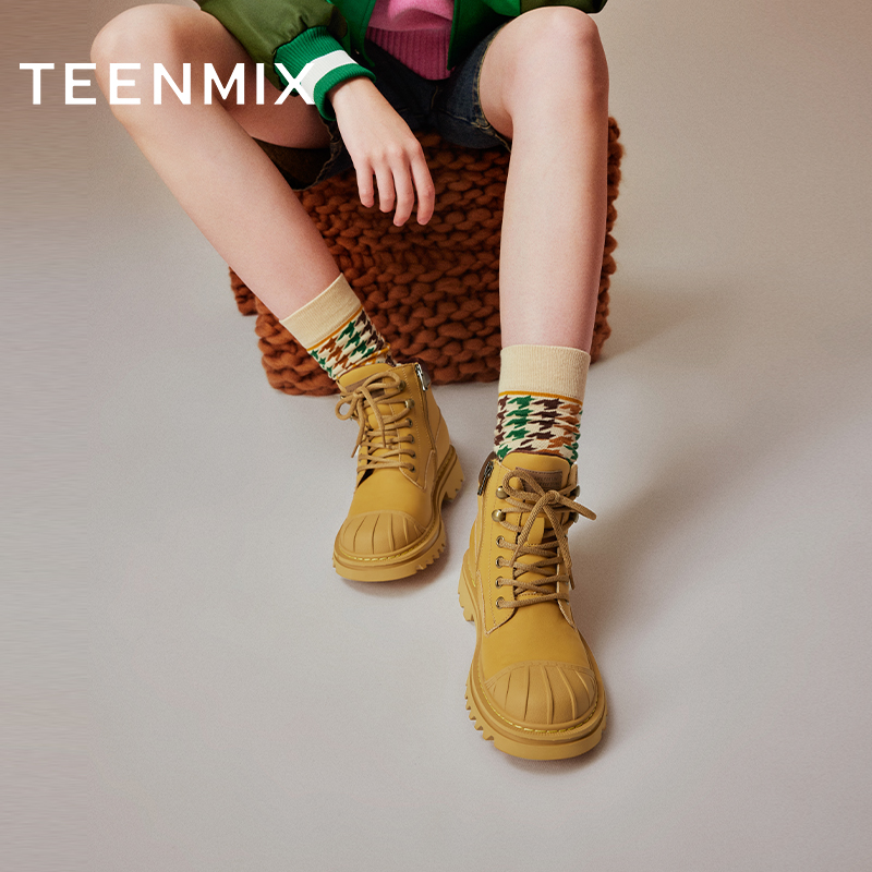 天美意复古工装靴厚底加绒马丁靴女鞋子大黄靴短靴冬新款BH451DD3 - 图0