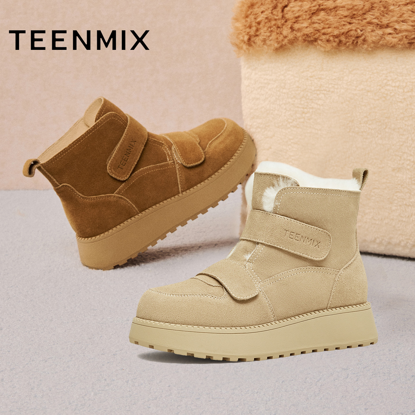 天美意复古厚底时装靴女鞋子加绒雪地靴棉鞋休闲短靴2025冬季新款