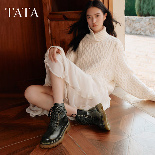 TATA他她女靴子复古马丁靴2025英伦风真皮加绒短靴工装靴CHQ01DD5 - 图2