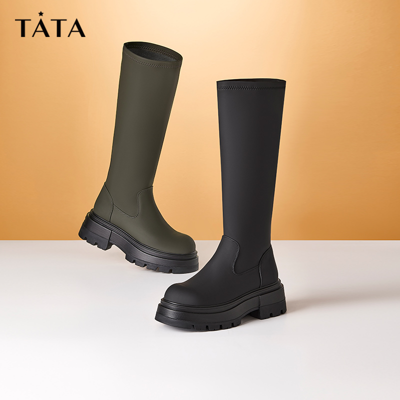 tata休闲厚底高筒冬加绒保暖骑士靴 他她Tata时装靴