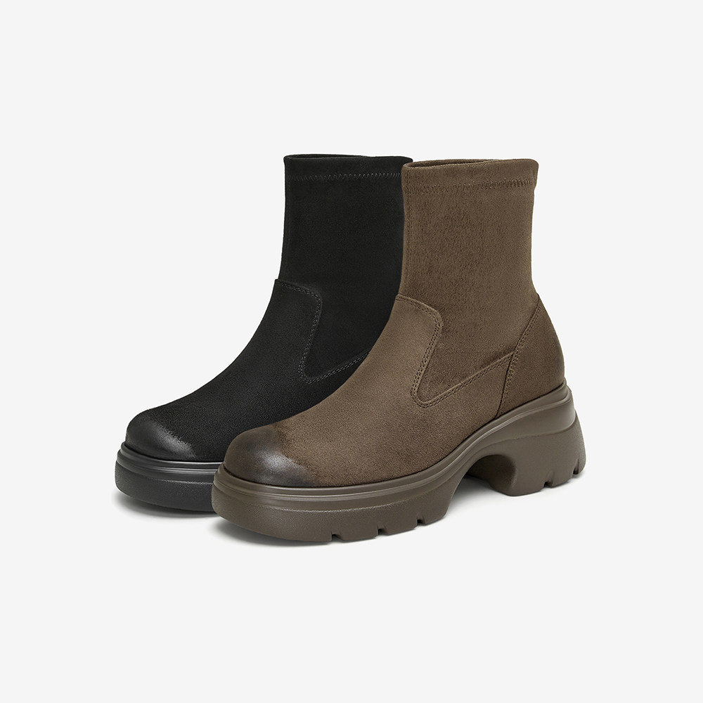 Tata他她棕色厚底弹力靴女靴子瘦瘦靴气质短靴新款袜靴7DK60DZ4,淘宝优惠券,粉丝福利购,淘宝优惠卷