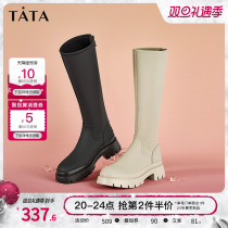 Tata He she minimalist splicing high cylinder Cavaliers boots female coarse heel though kneecap boot 2022 Winter New 7VW80DG2