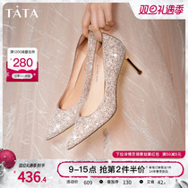 Tata He she flows Light Pointed Heels Single Shoes Fine Heel Main Yarn Wedding Shoes Bridal Shoes Show and Wedding Shoes Women New