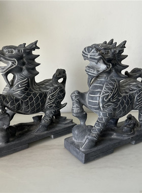 石麒麟一对青石麒麟摆件天然石材雕刻精雕工艺品家用石头麒麟