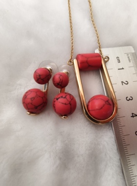 外贸首饰品服装配饰毛衣链潮流时尚圆球松石U形长款项链耳坠套装