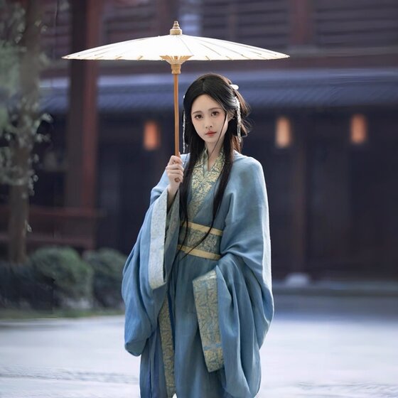 魏晋制蓝色战国袍汉服女直裾古装女款复原拖尾古风女装2026新款