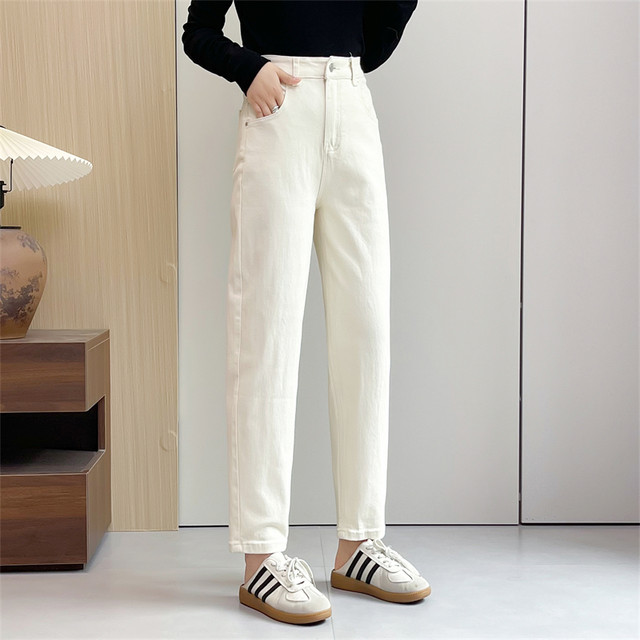 Huiyige Spring and Summer Women's High Waist Jeans Elastic Denim Nine-Point Pants Casual Pants Small Straight Pants White Jeans