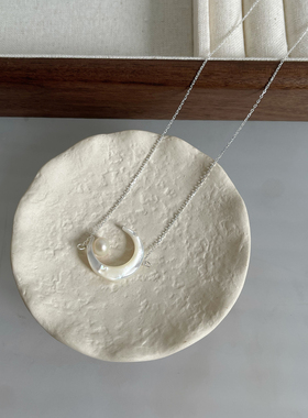 通体925银天然贝壳月亮珍珠项链