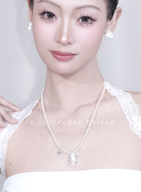 天使小兔透明锆石翅膀珍珠项链女