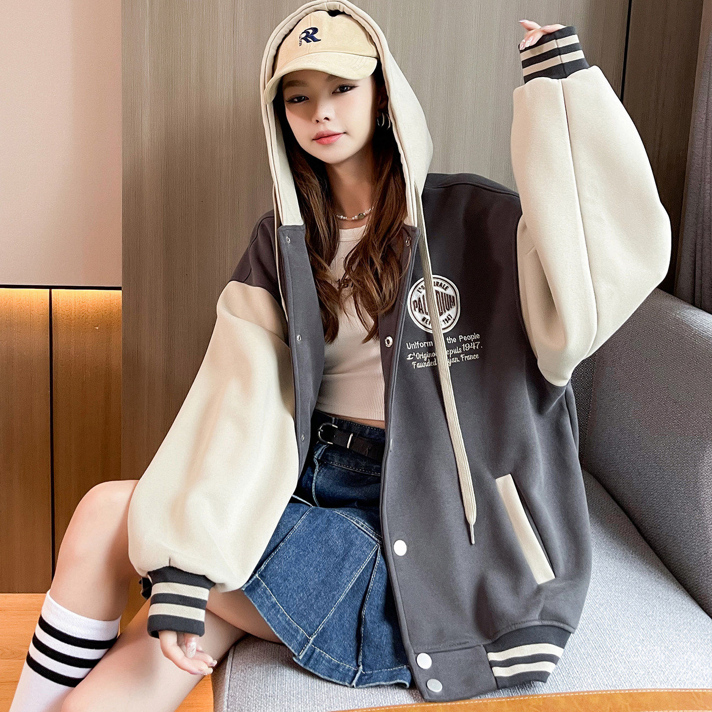 美式棒球服外套女2025新款学院风加厚美拉德棉衣服初高中学生卫衣,淘宝优惠券,粉丝福利购,淘宝优惠卷