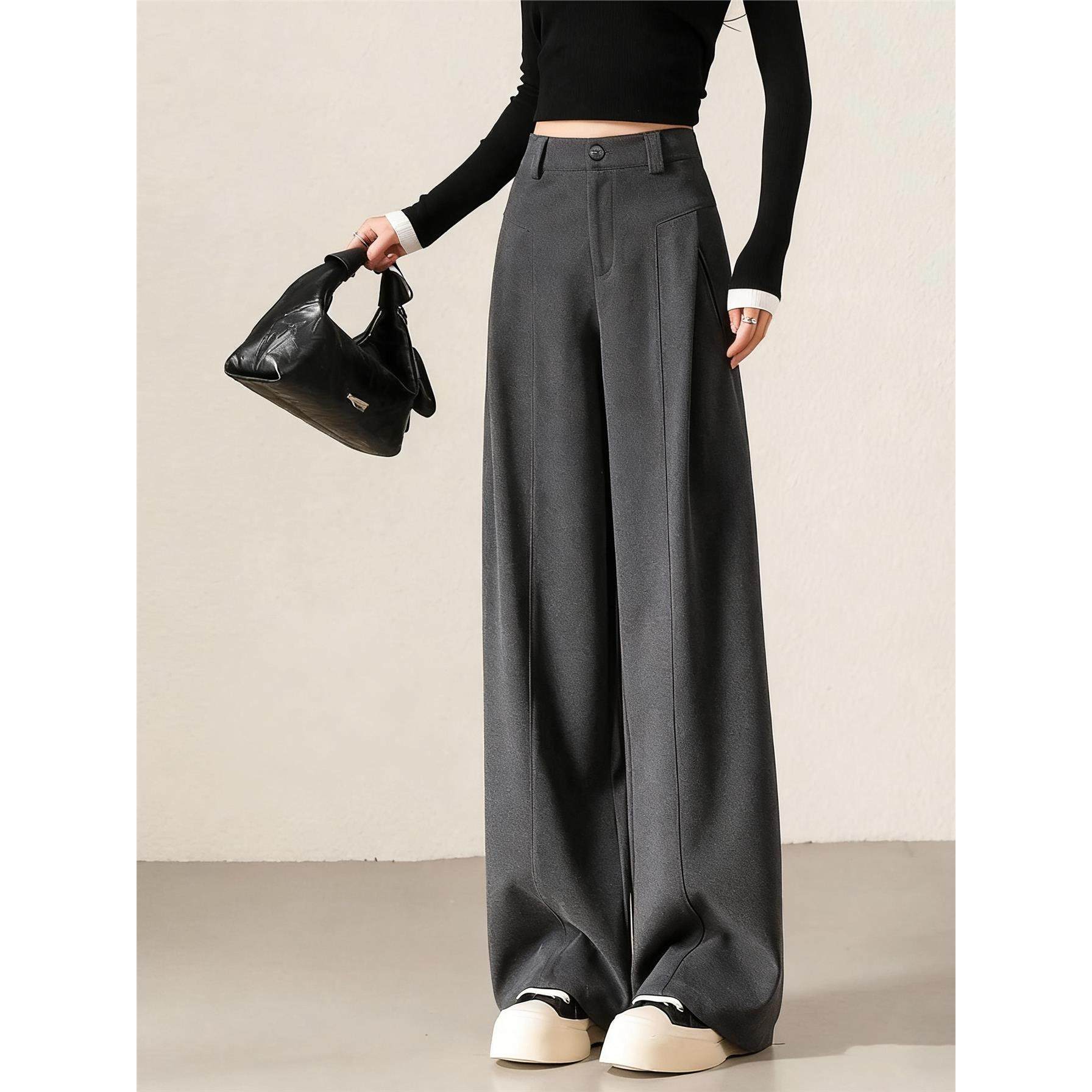 灰色西装阔腿裤女2025新款秋冬高级感垂感显瘦休闲裤弯刀毛呢裤子,淘宝优惠券,粉丝福利购,淘宝优惠卷