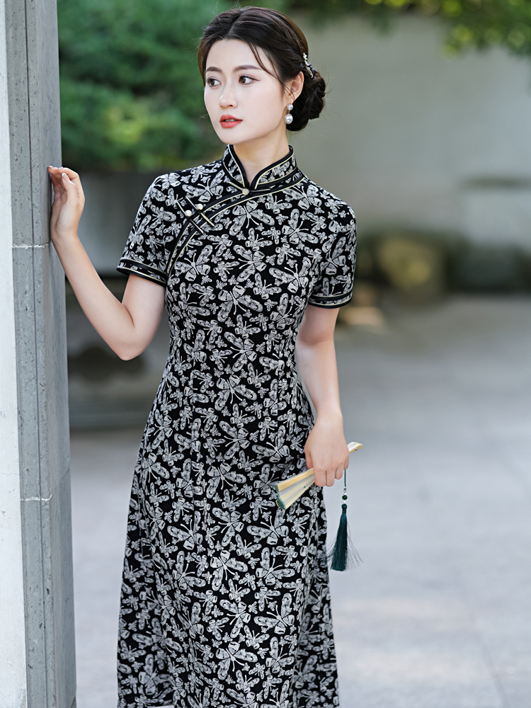 奥黛旗袍连衣裙2024年新款夏中国风夏季弹力大码日常可穿中年妈妈 - 图2