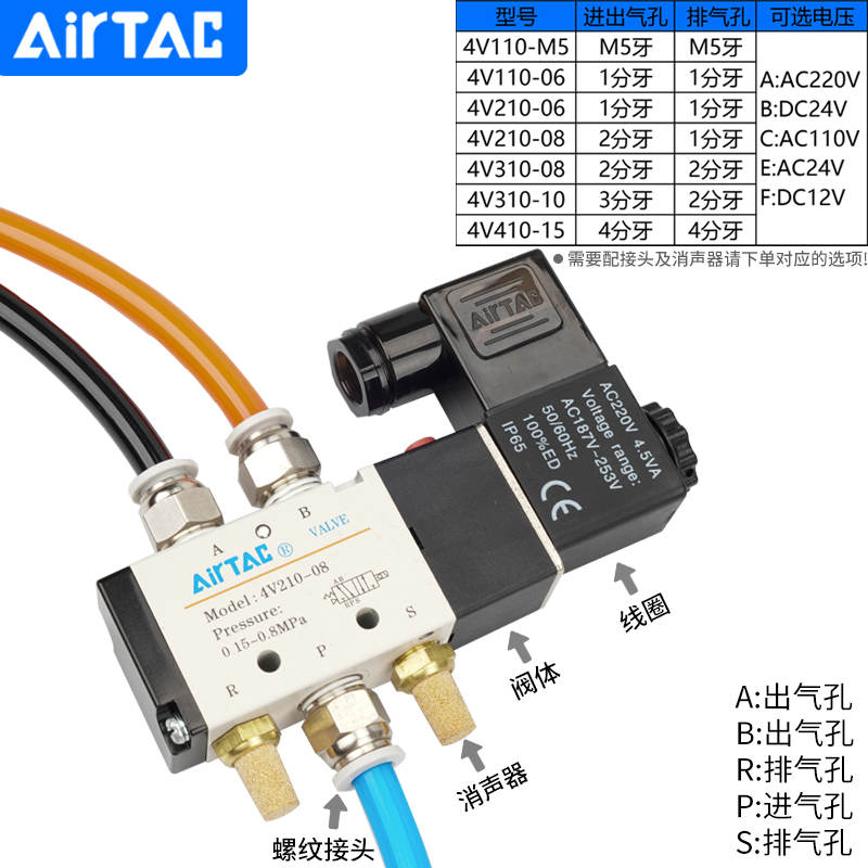 亚德客电磁气动阀 4V210一08 220V控制器气阀换向阀电子阀线圈24V