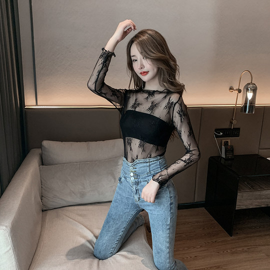 镂空蕾丝上衣性感透明内搭小衫透视女t恤长袖立领网纱打底衫秋装