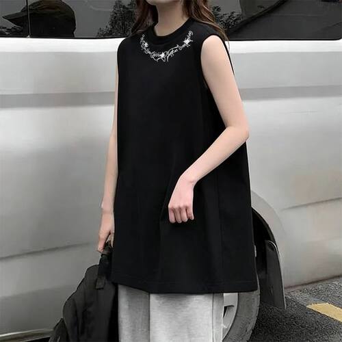 夏季新款黑色潮牌小众纯棉无袖背心T恤宽松休闲百搭女生运动上衣 - 图1