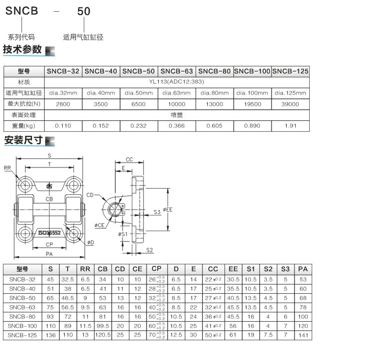 标准气缸DNC附件LNG SNCL SNCB32-40-50-63-80-100-125-160 CB - 图3