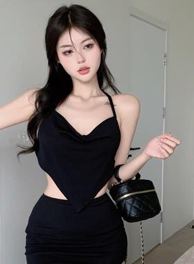 夏季新款纯欲风性感黑色不规则挂脖上衣女辣妹修身短裙两件套装女