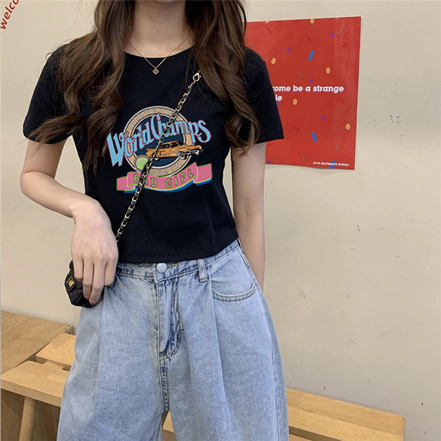 American sweet and spicy top summer right shoulder high waist short sleeve t-shirt for women 2026 new pure cotton short design niche