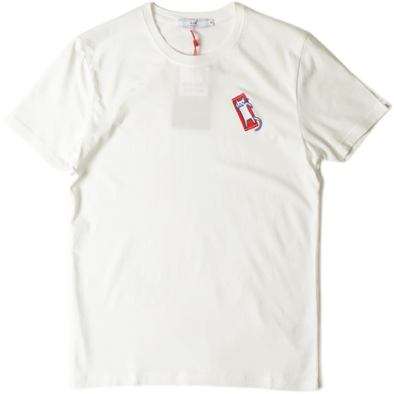 法国OLOW 透气电绣浮板上的猫LOGO休闲纯色圆领短袖T恤白色 - 图3