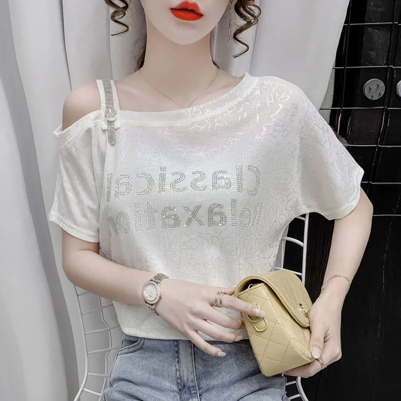 丽妤品牌折扣店女装特价斜肩烫钻设计感小众露肩短袖t恤上衣女夏,淘宝优惠券,粉丝福利购,淘宝优惠卷