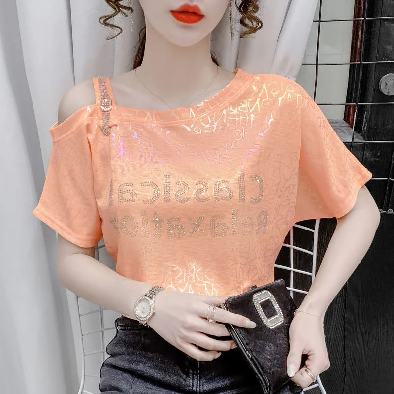 丽妤品牌折扣店女装特价斜肩烫钻设计感小众露肩短袖t恤上衣女夏,淘宝优惠券,粉丝福利购,淘宝优惠卷