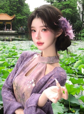 新中式紫色花朵发夹仿真花