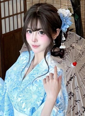 新中式日系蓝色花朵流苏发夹