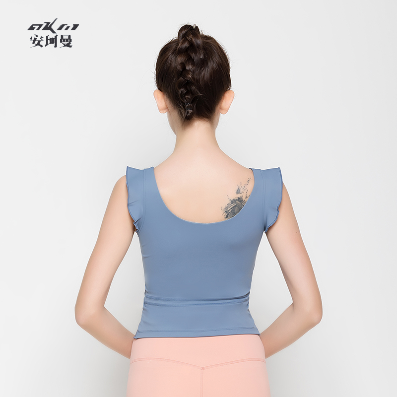 瑜伽背心无袖短款夏季新款露腰花边袖口弹力健身瑜伽上衣女带胸垫-图0