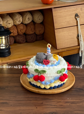 DIY小猫蓝色生日蛋糕收纳盒手工编织钩针有心意礼物拍照永久保存