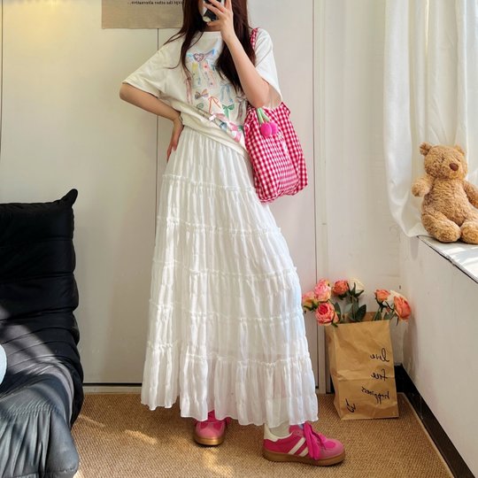 2025早秋新款韩版百搭肌理感显瘦A字半身裙木耳边拼接蛋糕裙长裙