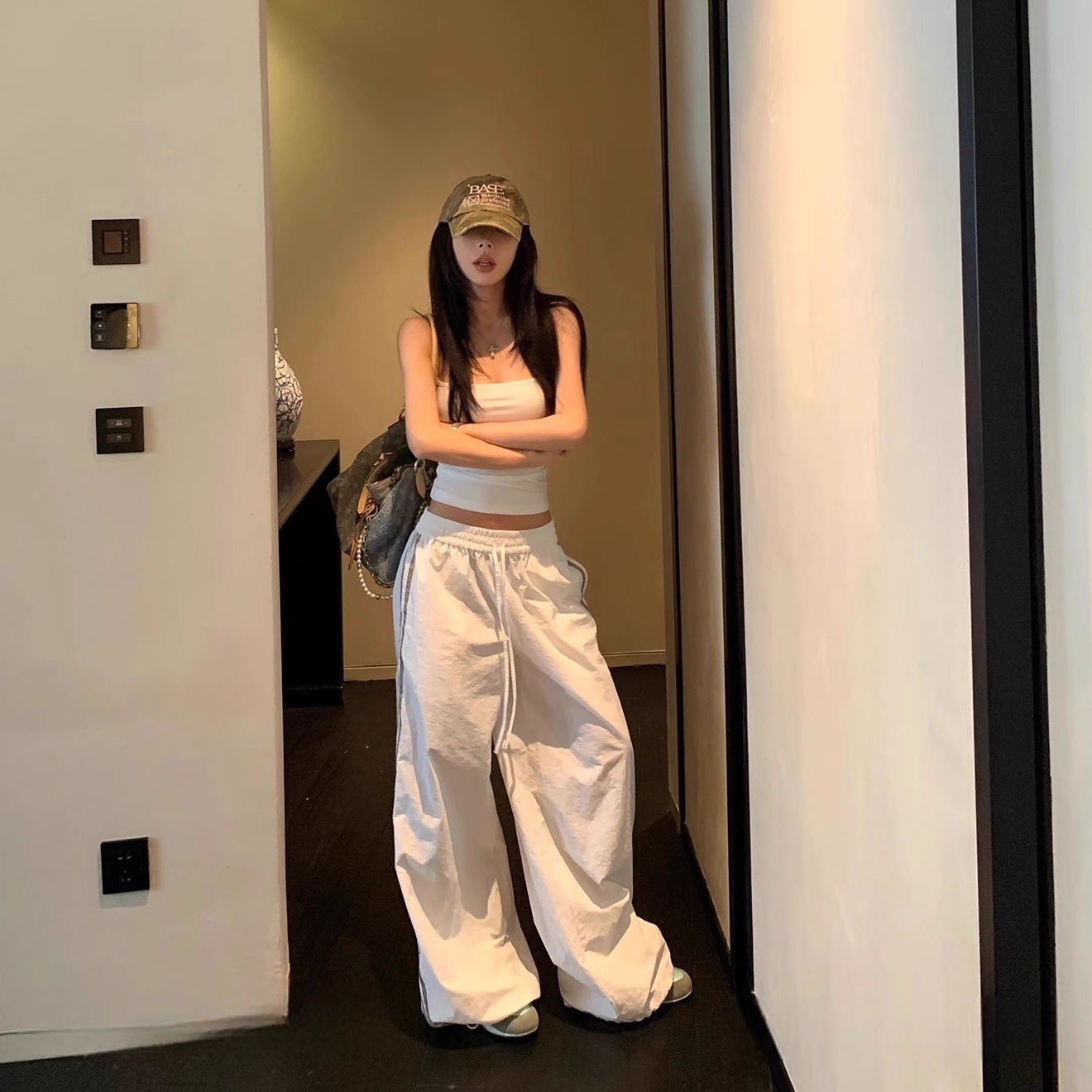 SUNONEONE 美式拼色宽松直筒休闲裤女夏韩版慵懒抽绳百搭运动裤子 - 图3