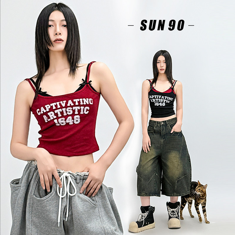 SUN90 美式复古辣妹风假两件撞色字母印花红色吊带背心女无袖上衣,淘宝优惠券,粉丝福利购,淘宝优惠卷