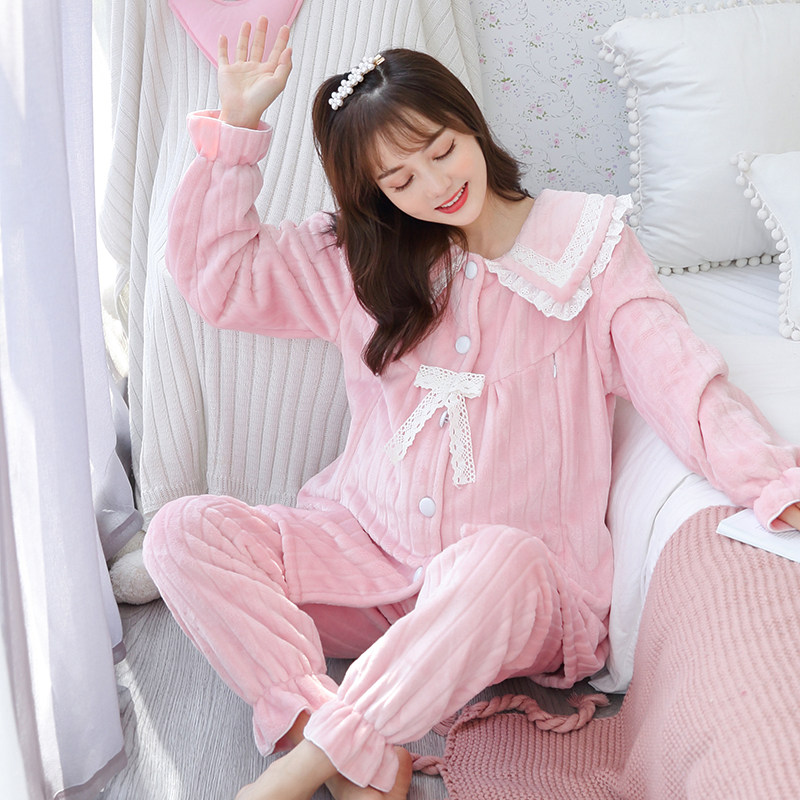 珊瑚绒加绒怀孕产妇喂奶坐月子服 花瑞朵家居服套装