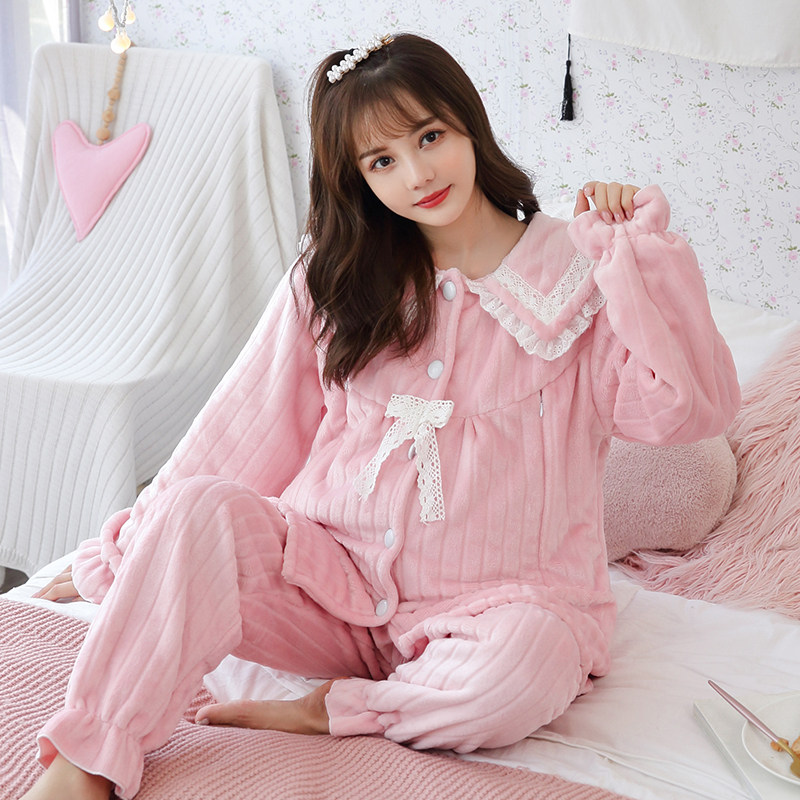 珊瑚绒加绒怀孕产妇喂奶坐月子服 花瑞朵家居服套装