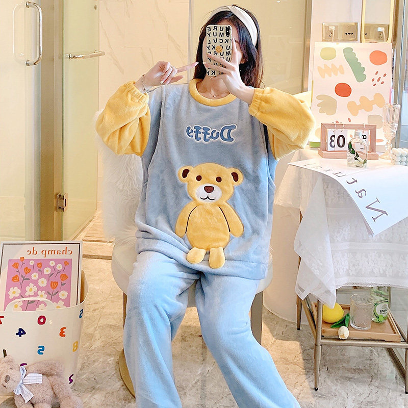 秋冬季孕妇珊瑚绒加绒月子服睡衣 花瑞朵家居服套装