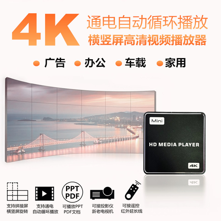 4K高清电视图片自动循环HDMI广告视频横竖拼接屏PPT字幕U盘播放器