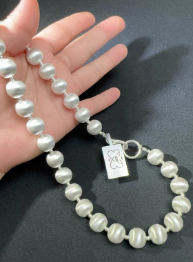 意大利中古定制美饰复古拉丝猫眼大珠990纯银项链