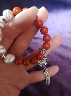 意大利中古定制拉丝银珠天然南红克家银流苏手链