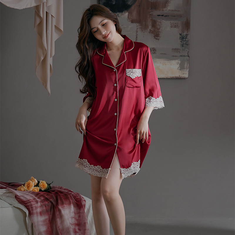 衬衫睡裙夏季2025新款男友风睡衣红色新婚结婚用家居服冰丝连衣裙
