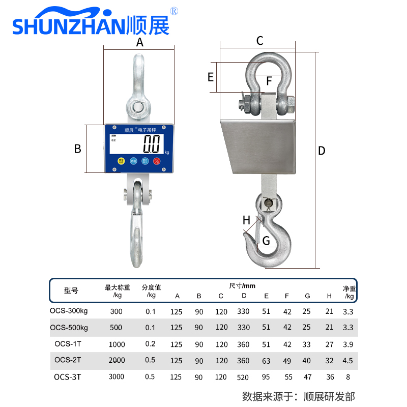 顺展电子吊秤电1T挂钩秤500kg吊钩秤吊称无线轻便型防水吊磅OCS