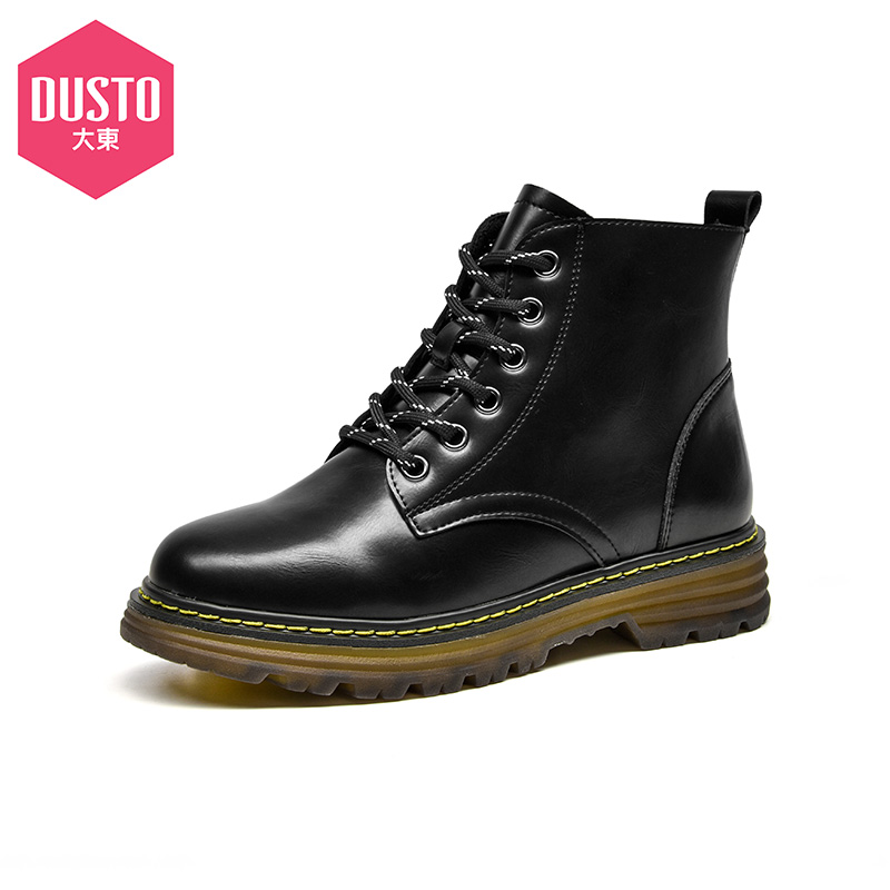 dusto旗舰店大东新款冬季简约低跟平底车缝线防滑系带马丁靴女鞋20D1606D0