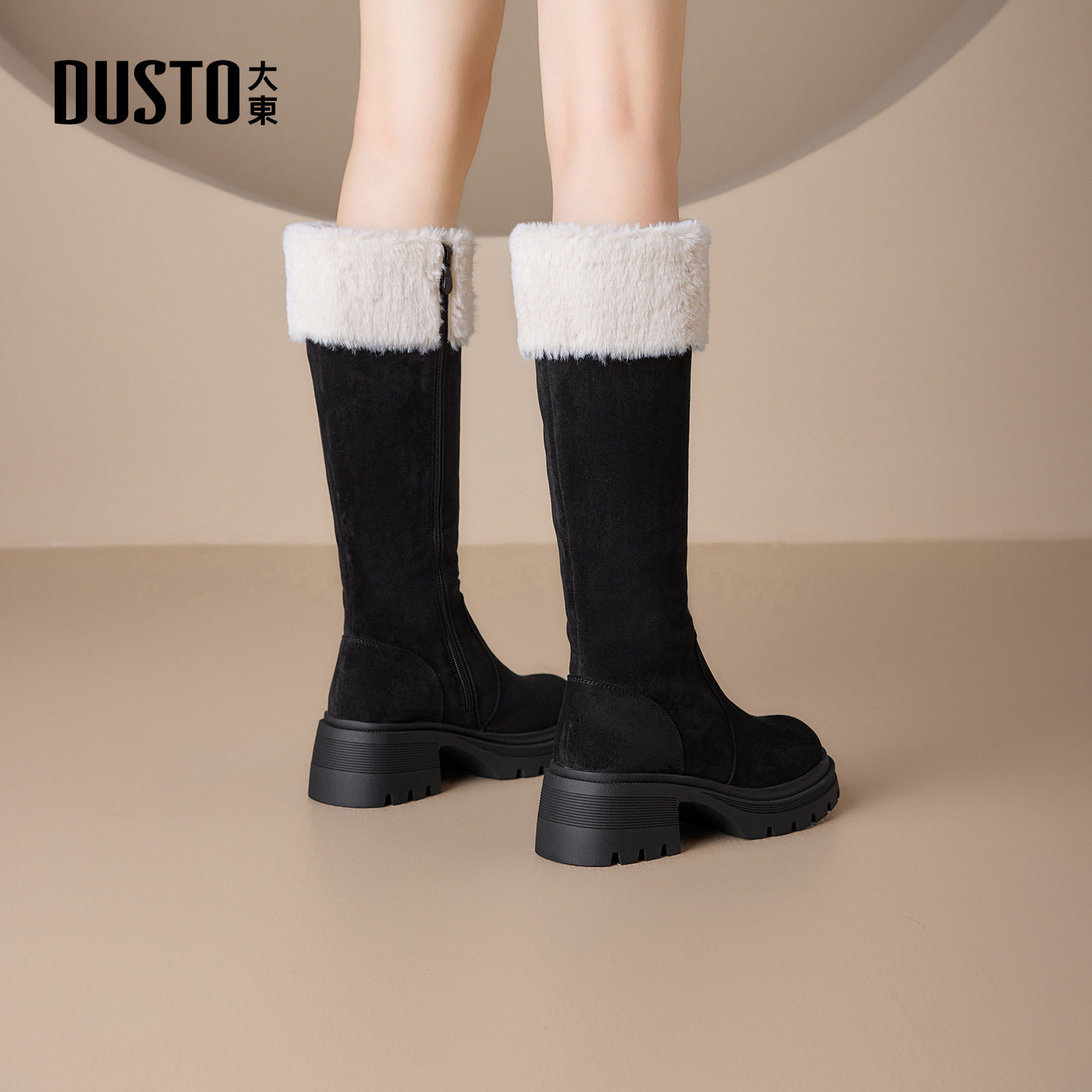 大东长筒靴女鞋2025年冬季新款时尚粗跟高跟侧拉链圆头印花D0706,淘宝优惠券,粉丝福利购,淘宝优惠卷