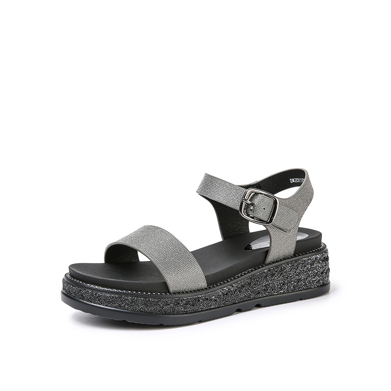 dusto旗舰店大东新款夏季优雅高跟坡跟水钻一字扣厚底凉鞋女鞋20X17373