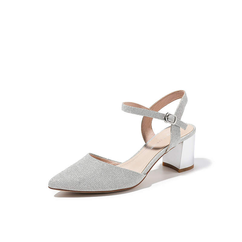 dusto旗舰店大东新款夏季优雅尖头粗跟高跟闪粉包头凉鞋女仙女风单鞋3