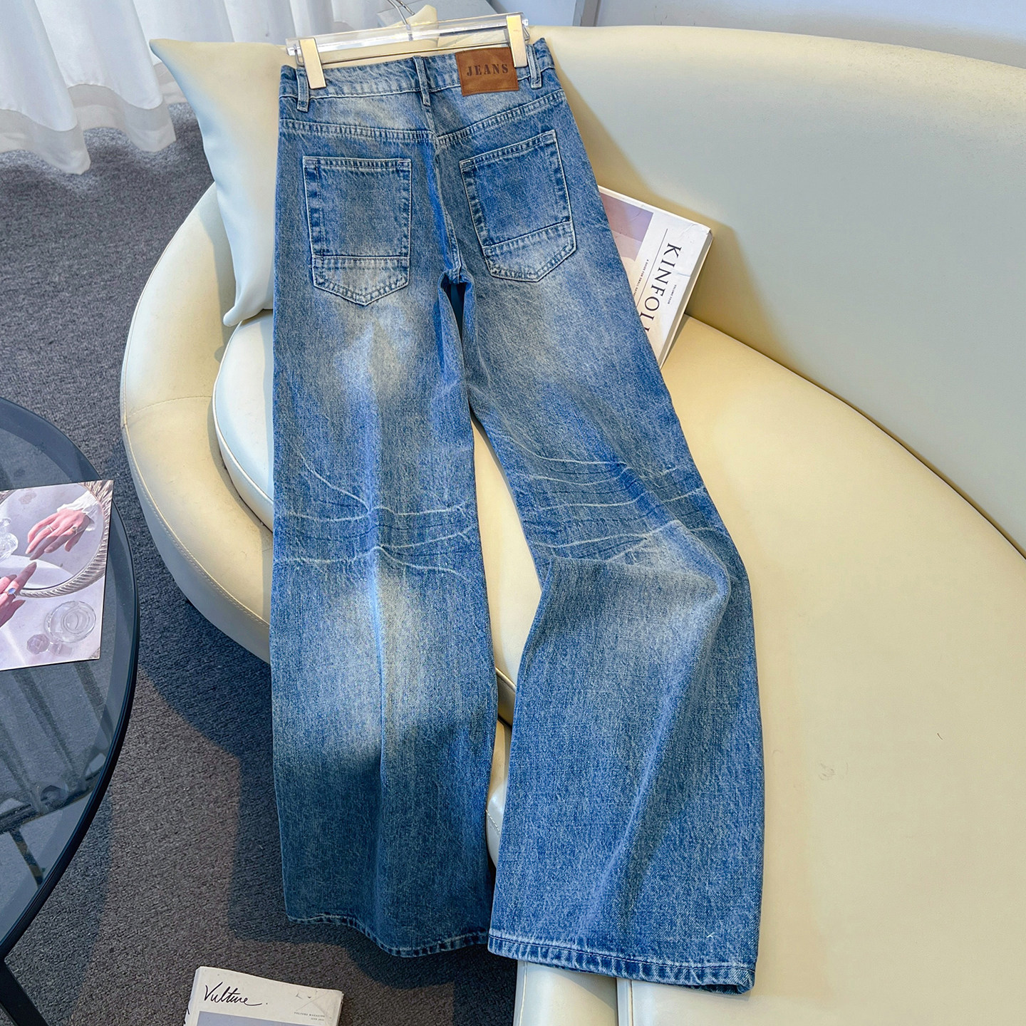 拉夏贝尔女款休闲牛仔喇叭裤深蓝低腰修身垂感显瘦微喇牛仔长裤子,淘宝优惠券,粉丝福利购,淘宝优惠卷