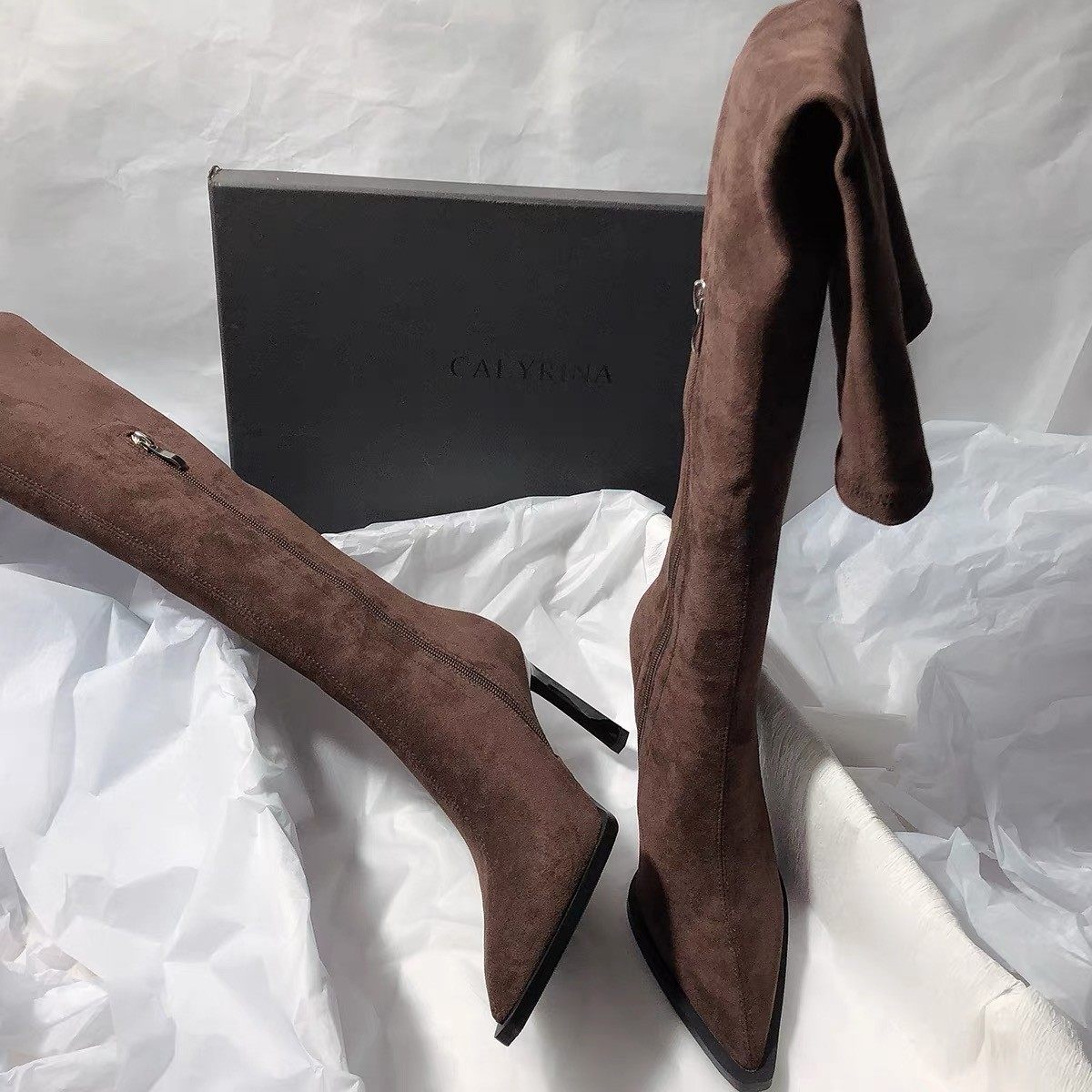 复古气质弹力靴尖头高跟长靴2025新款绒面瘦瘦细跟拉链包腿过膝靴,淘宝优惠券,粉丝福利购,淘宝优惠卷