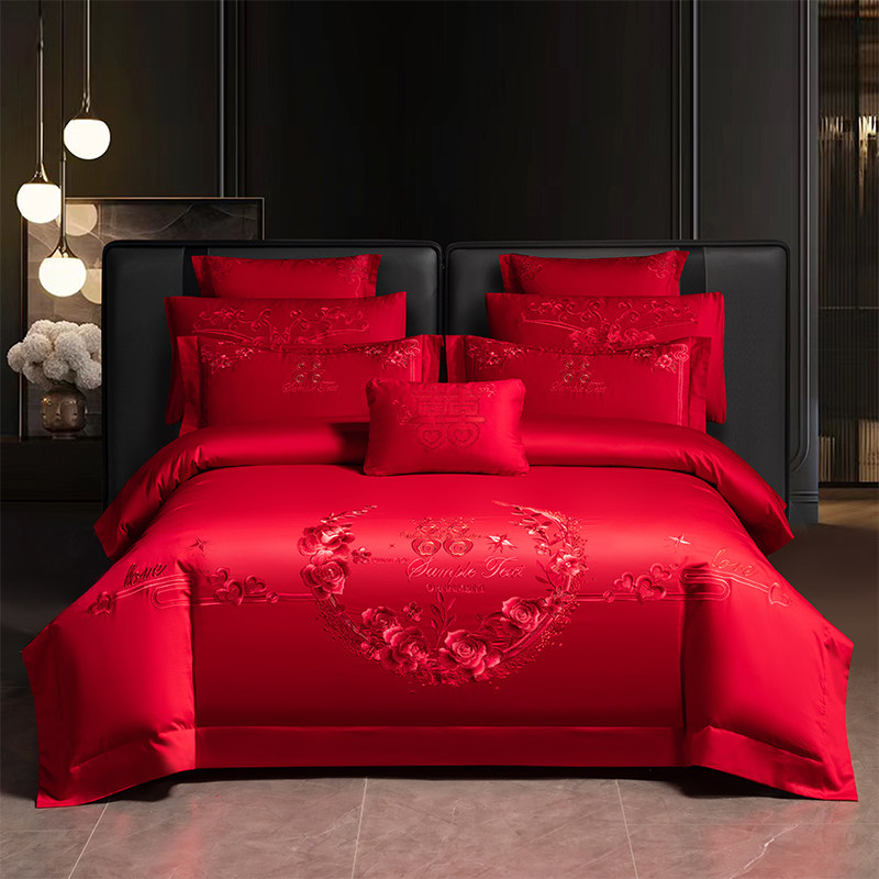 结婚庆床品四件套全棉纯棉大红色绣花新婚礼高档床上婚房被套床单,淘宝优惠券,粉丝福利购,淘宝优惠卷