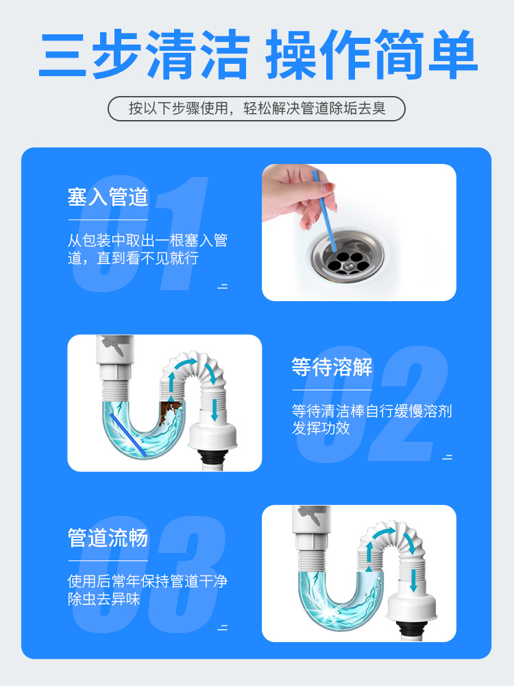 通下水道疏通神器清理管道清洁棒卫生间洗澡间专用工具堵塞疏通剂-图2