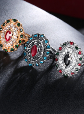欧美复古超大奢华富贵花彩色锆石戒指时尚夸张宝石情侣宫廷风饰品