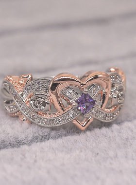 玫瑰花公主镶钻戒指女爱心形锆石